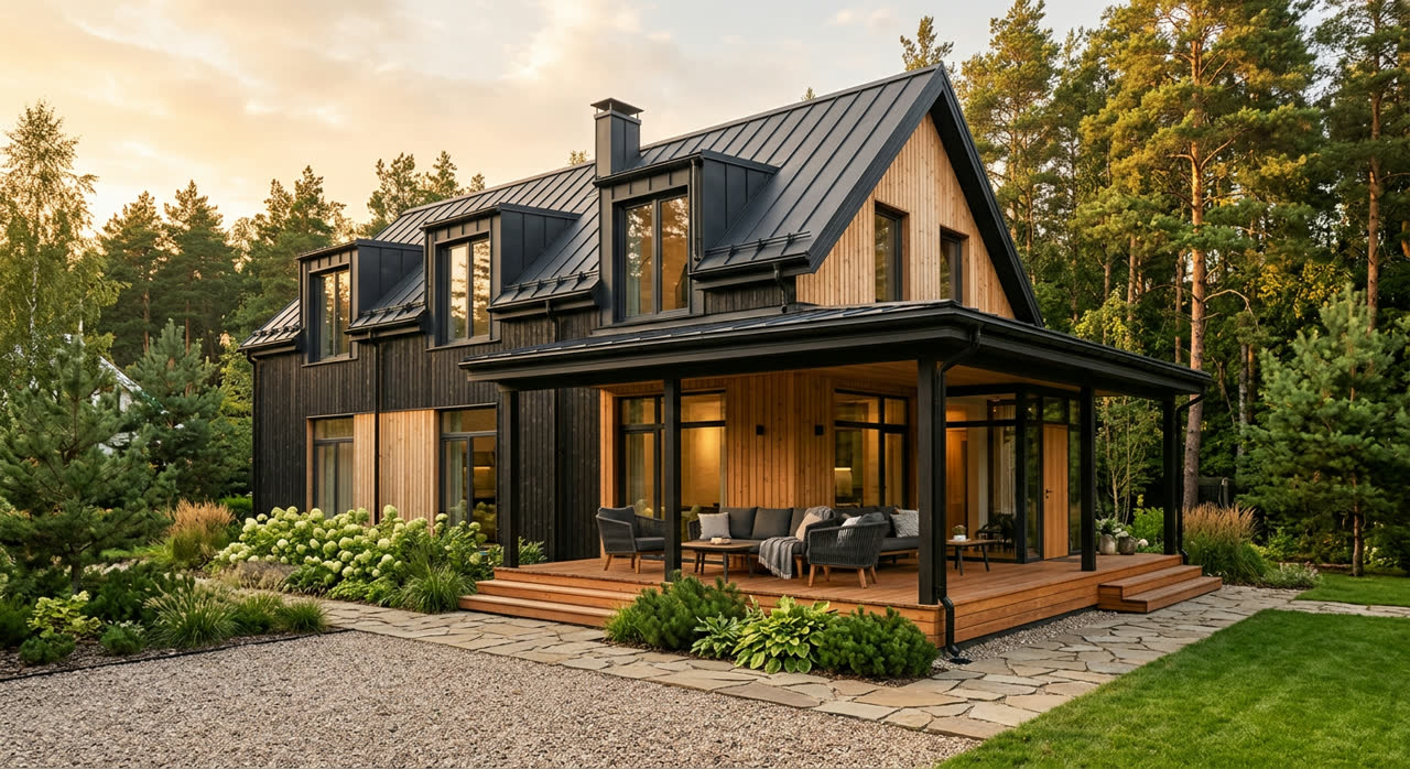 Дом с мансардой 140 м², каркасный, фасад, SHAD-029