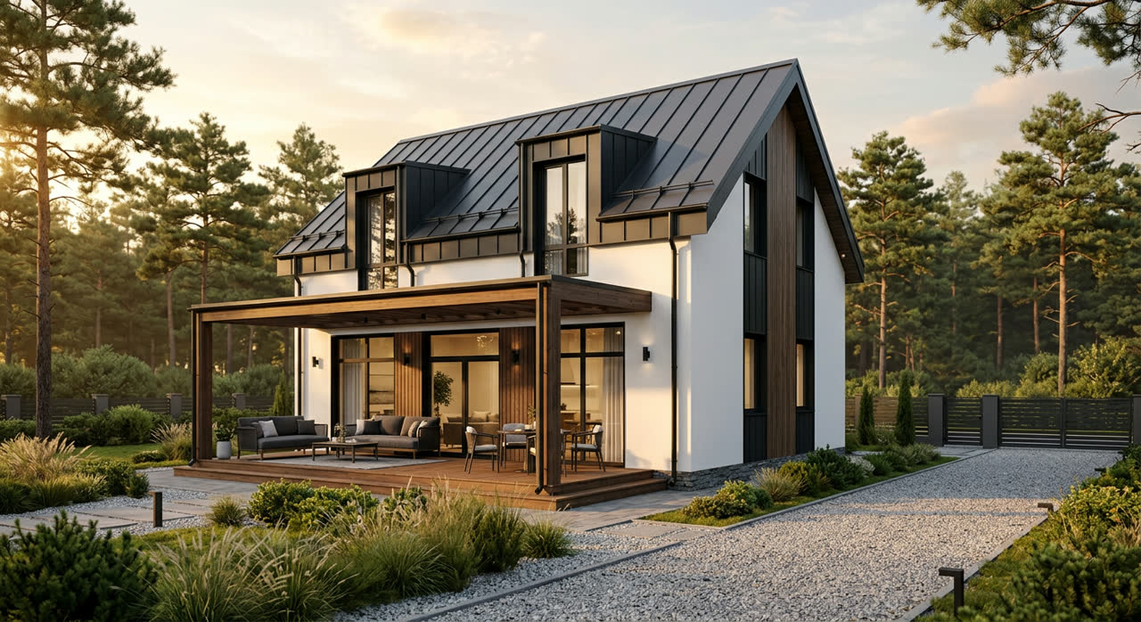 Дом с мансардой 141 м², из СИП-панелей, фасад, SHAD-064