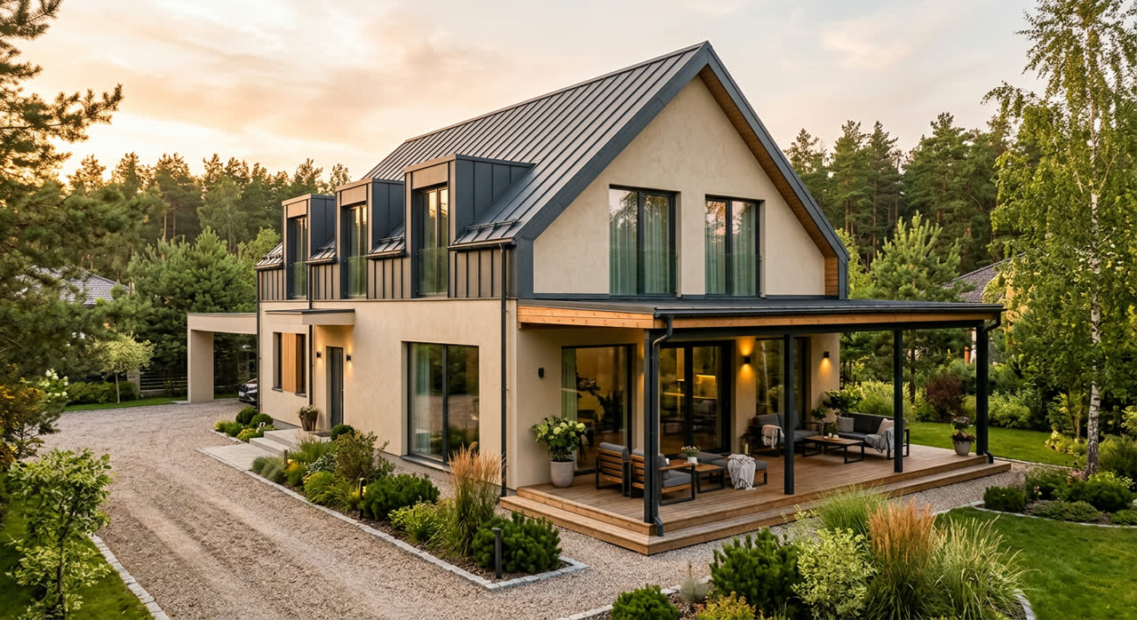 Дом с мансардой 140 м², из газобетона, фасад, SHAD-088
