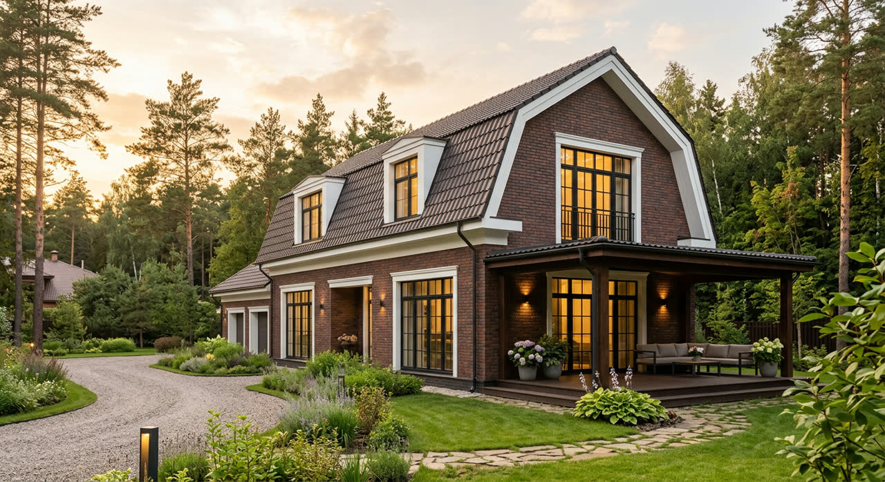 Дом с мансардой 140 м², кирпичный, фасад, SHAD-122