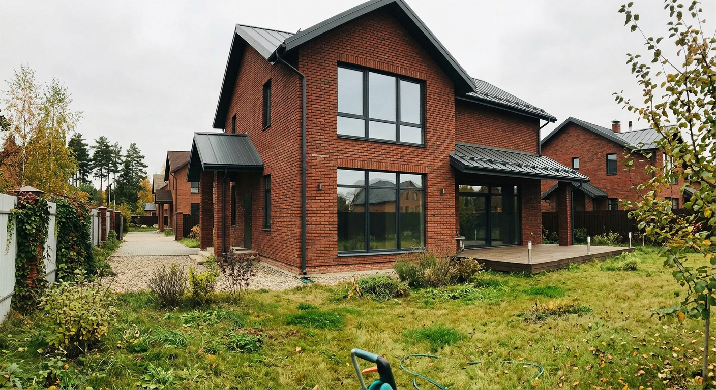 Двухэтажный кирпичный дом с панорамным остеклением, 320 м²