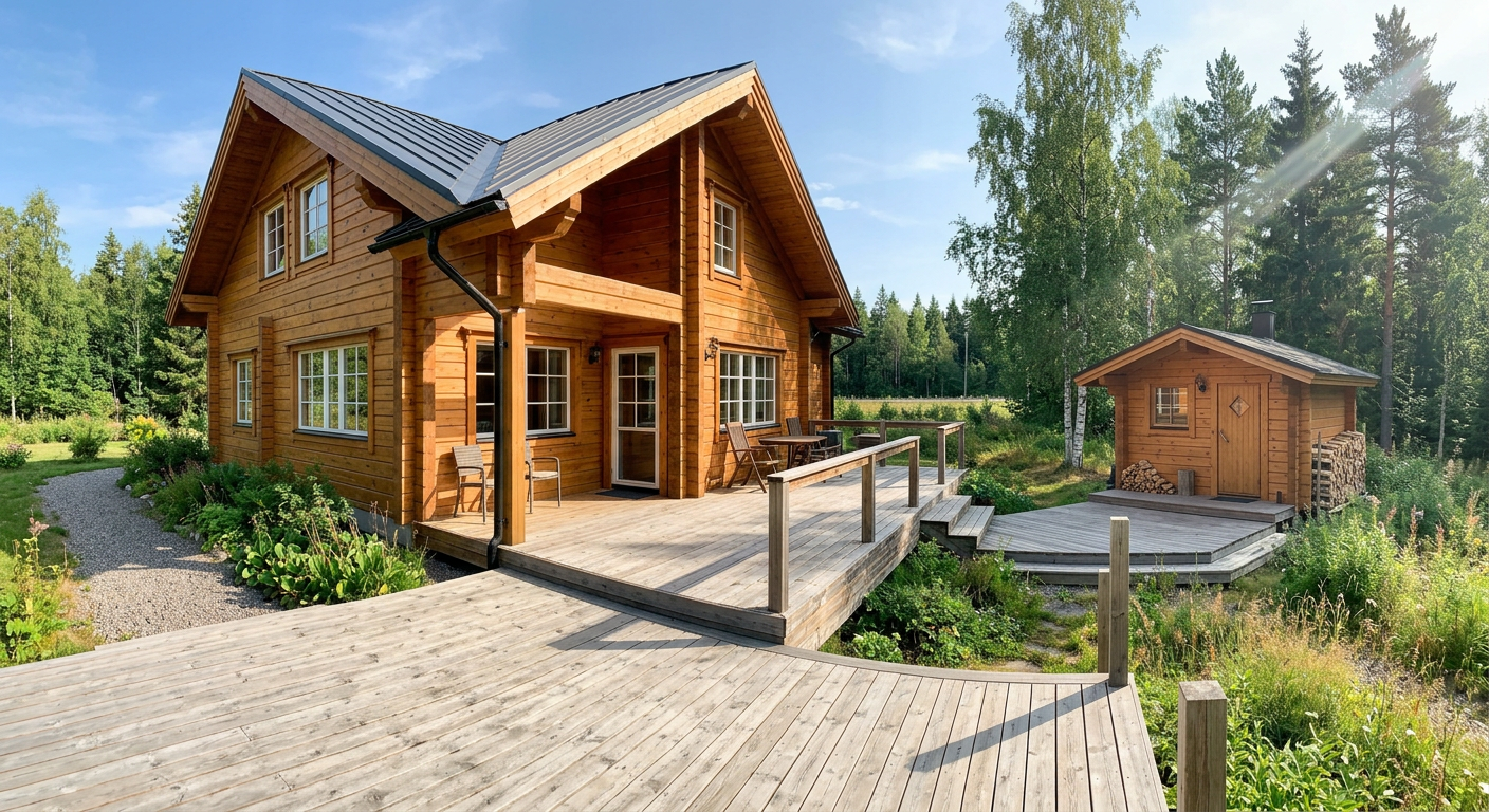 Дом из клеёного бруса с террасой и сауной, 210 м²